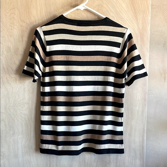OLIVER PERRY Black White Tan Striped Silk Cotton Knit Top Women's Medium - Picture 5 of 11